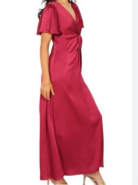 Petal & Pup Hathaway Satin Maxi Dress Berry Pink Flutter Sleeve NWT Large